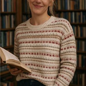 American Eagle Outfitters Cream and Red Patterned Sweater